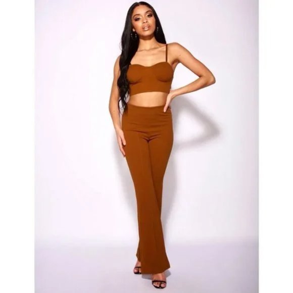 Tops - Brown Sleeveless Crop Top and High Waist Flare Pants Two Piece Set